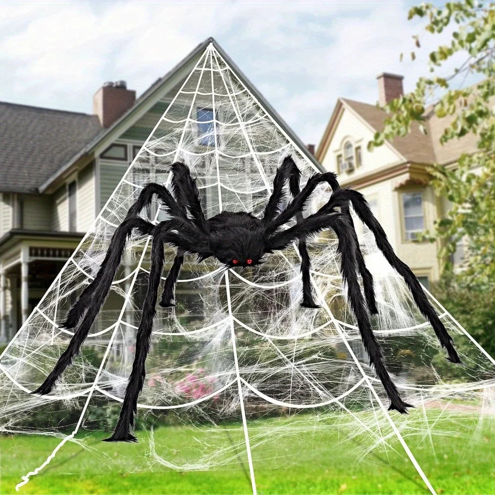 Halloween Decoration Outdoor 59'' Giant Spider with 400 sqft Spider Web, Outside Decor, Stretchy Triangular Spiderweb 23 x 18 ft for Yard, Haunted House, Photobooth Props