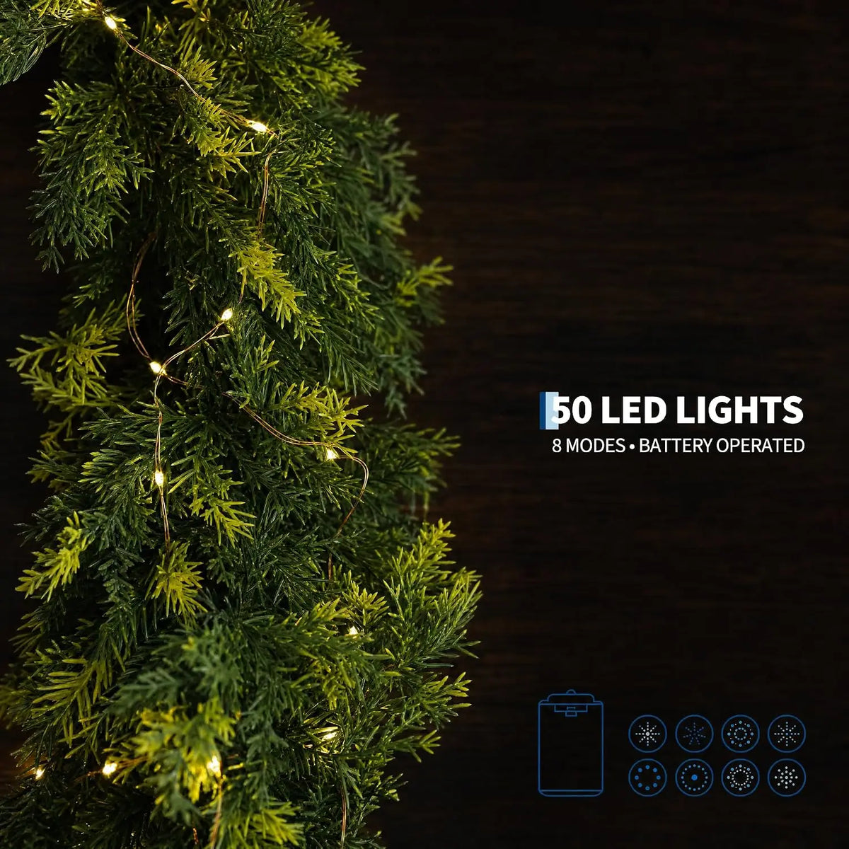9Ft Norfolk Pine Christmas Garland,  Artificial Layered Faux Greenery, Christmas Wreaths with 50 Led Lights 8 Lighting Modes for Home Party Decoration Outdoor Yard Pine Rattan Hanging Ornaments