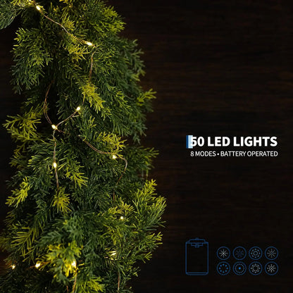 9Ft Norfolk Pine Christmas Garland,  Artificial Layered Faux Greenery, Christmas Wreaths with 50 Led Lights 8 Lighting Modes for Home Party Decoration Outdoor Yard Pine Rattan Hanging Ornaments