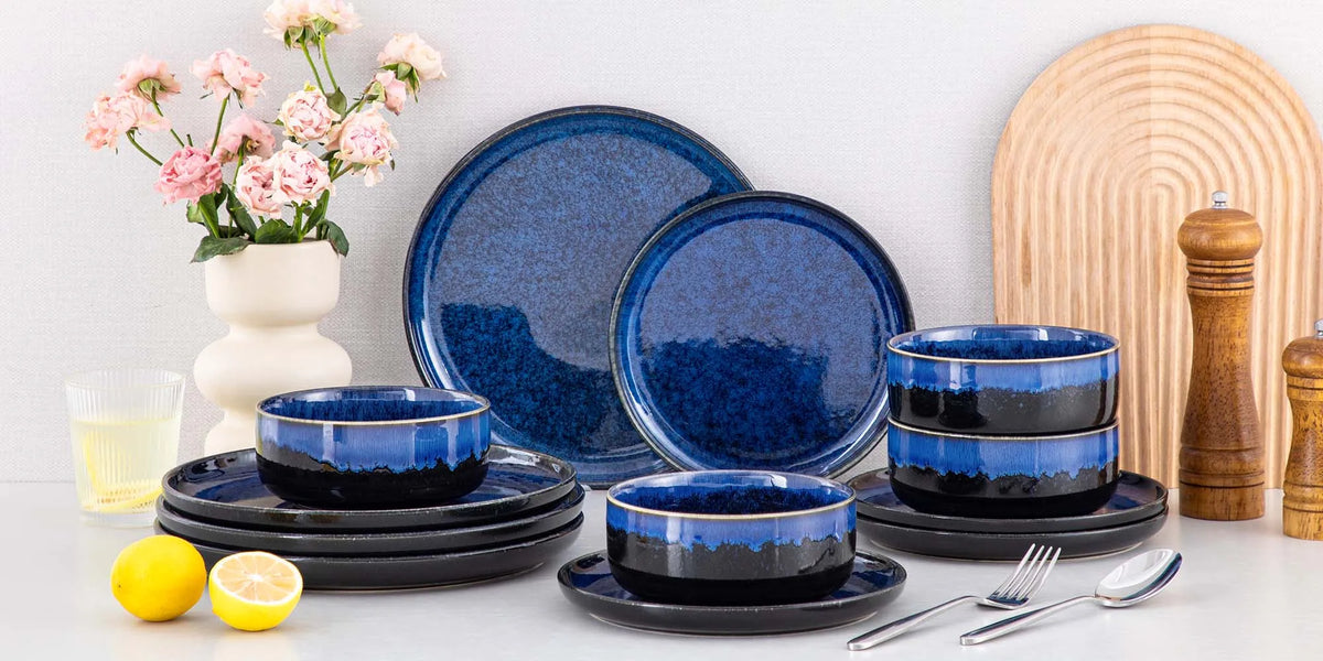 2/24 PCS Starry Blue Reactive Glaze Stoneware Dinnerware Sets, Ceramic Plates Set with 4 pcs Dinner Plate/Dessert/Bowl