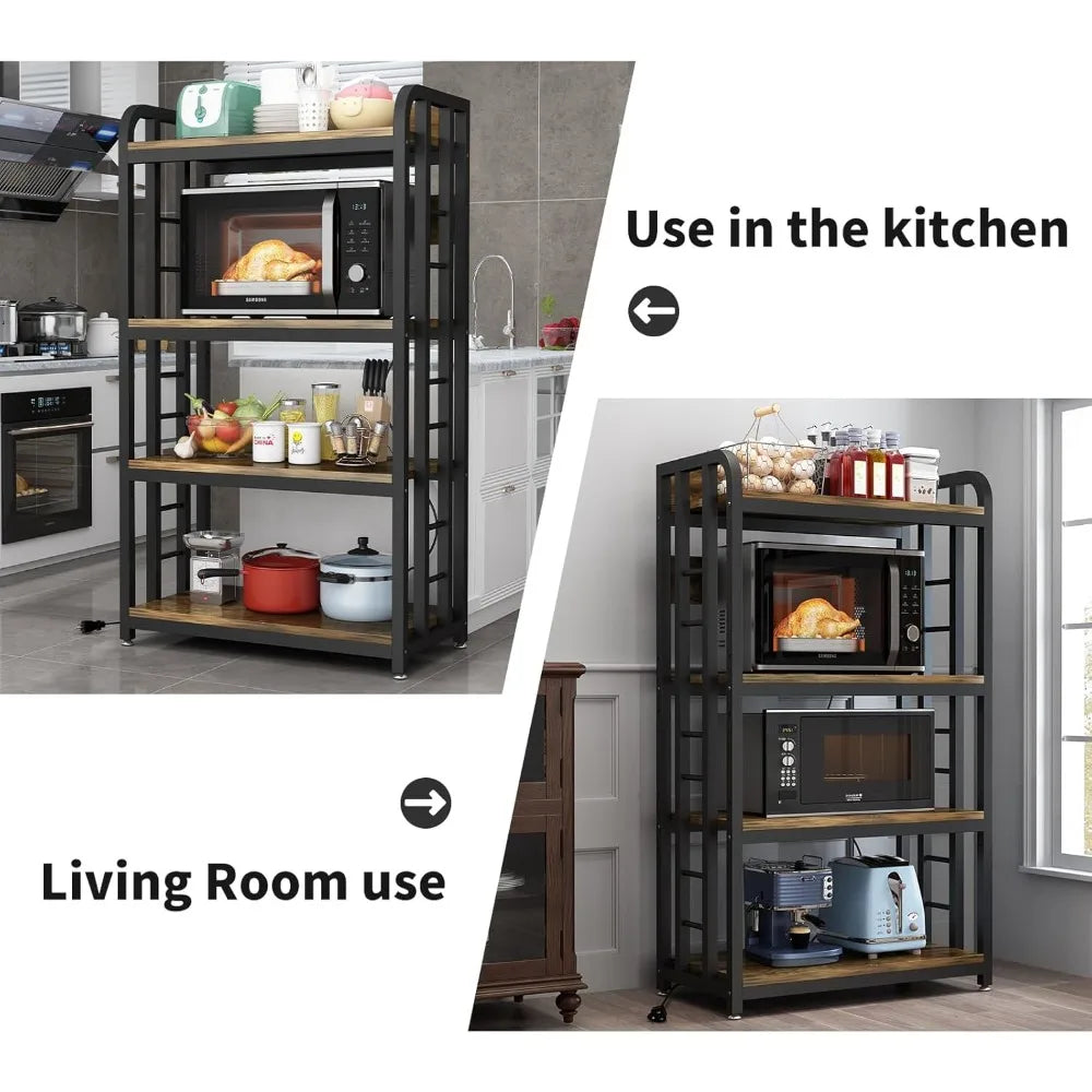 4-Tier Kitchen Bakers Rack with Power Outlet, Microwave Stand, Storage Shelf for Kitchen Organization And Convenience