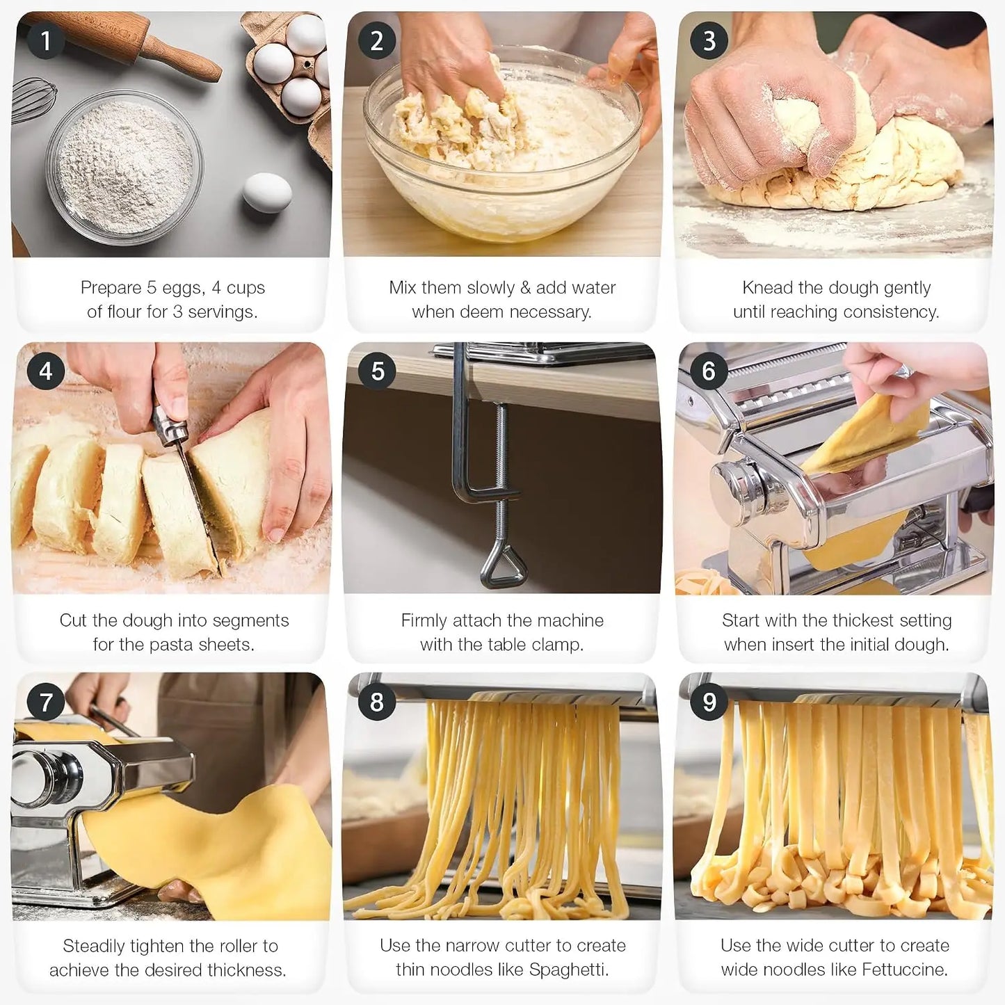 3-in-1 Pasta Machine: 9 Thickness Settings, Dough Rollers & 2 Cutters, Stainless Steel, Durable & Easy Clean