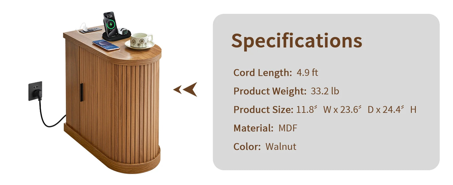 Nightstands with Charging Station, Narrow Side Table with Storage Doors and Shelves, for Small Spaces, Walnut