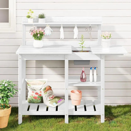 Portable Outdoor Garden Workbench with Detachable Sink, Weather-Resistant HDPE Table- White