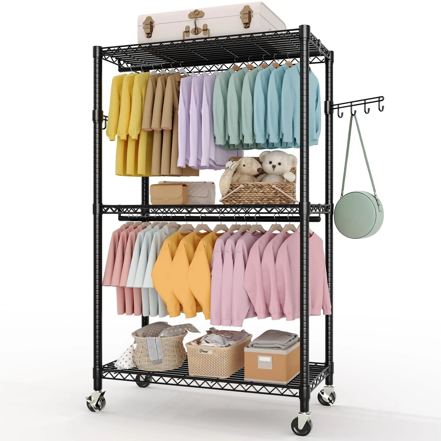 3-Tier Heavy Duty Rolling Metal Garment Rack With Adjustable Shelves & Dual Hanging Rods