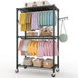 3-Tier Heavy Duty Rolling Metal Garment Rack With Adjustable Shelves & Dual Hanging Rods