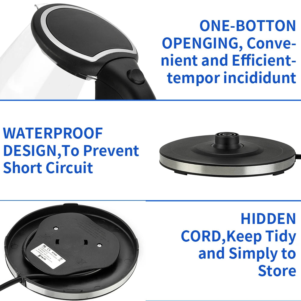 110V 1200W 1.8L Electric Glass Kettle, US Plug, Borosilicate Glass, Blue LED Auto Shut Off 360 Rotation Base