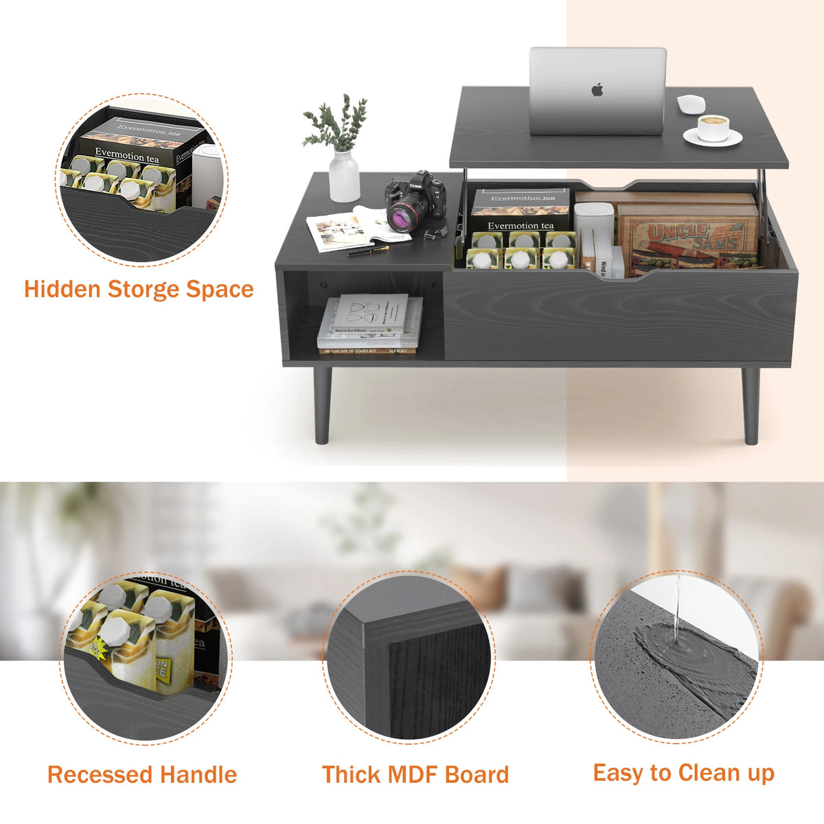 Lift Top Coffee Tables For Living Room, 39.37"x19.7" Wood, Adjustable Storage Shelf, Easy Lift Or Lower