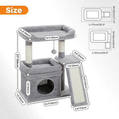 Small Cat Tree for Indoor Cat, Tower with Sisal Scratching Post and Pad, Wide Top Perch