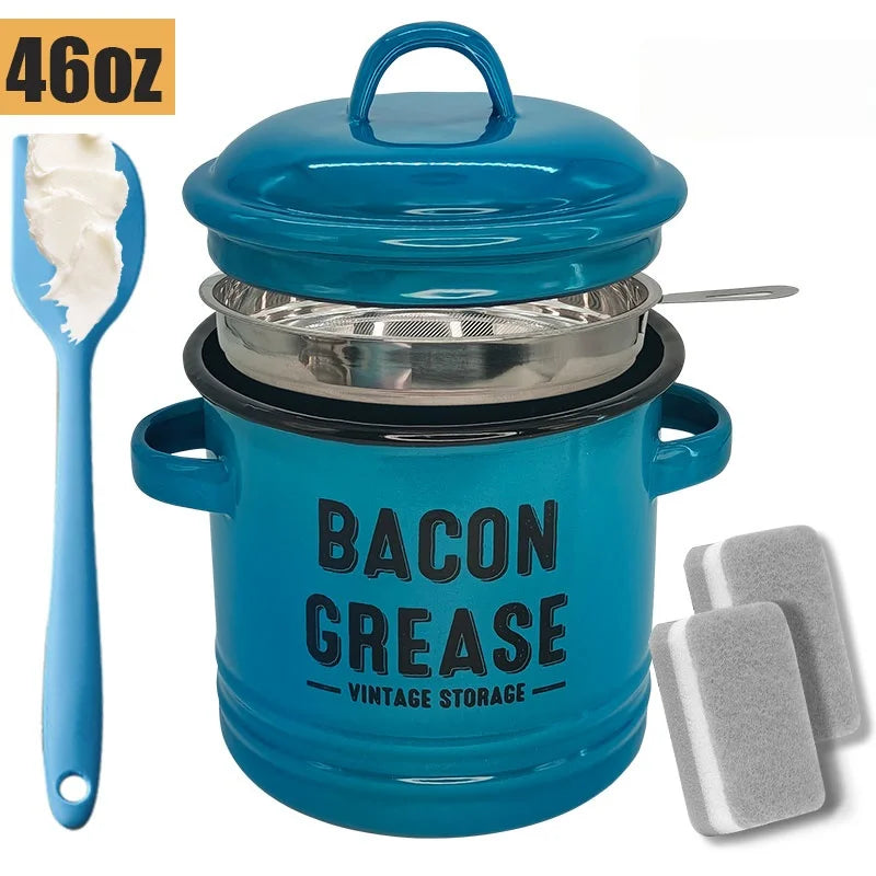 46 Oz Grease Container with Filter, Scraper, Strainer & Silicone Spatula, Dishwasher Safe