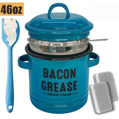 46 Oz Grease Container with Filter, Scraper, Strainer & Silicone Spatula, Dishwasher Safe
