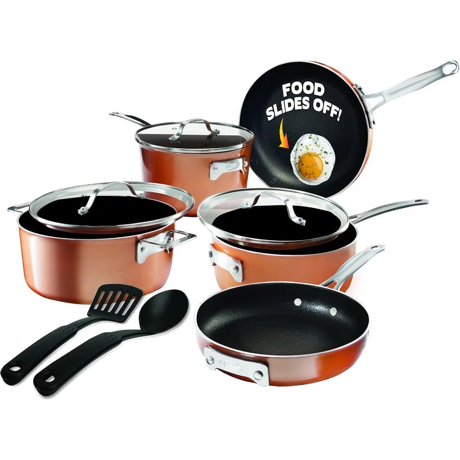 Stackable Pots and Pans, 10 Piece Cookware Set with Ultra Nonstick Cast Texture, Ceramic Coating Copper