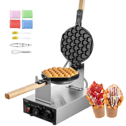 Commercial Egg Bubble Waffle Maker -1400W Non-Stick Stainless Steel w/180° Rotatable Device, 2 Pans & Wooden Handles
