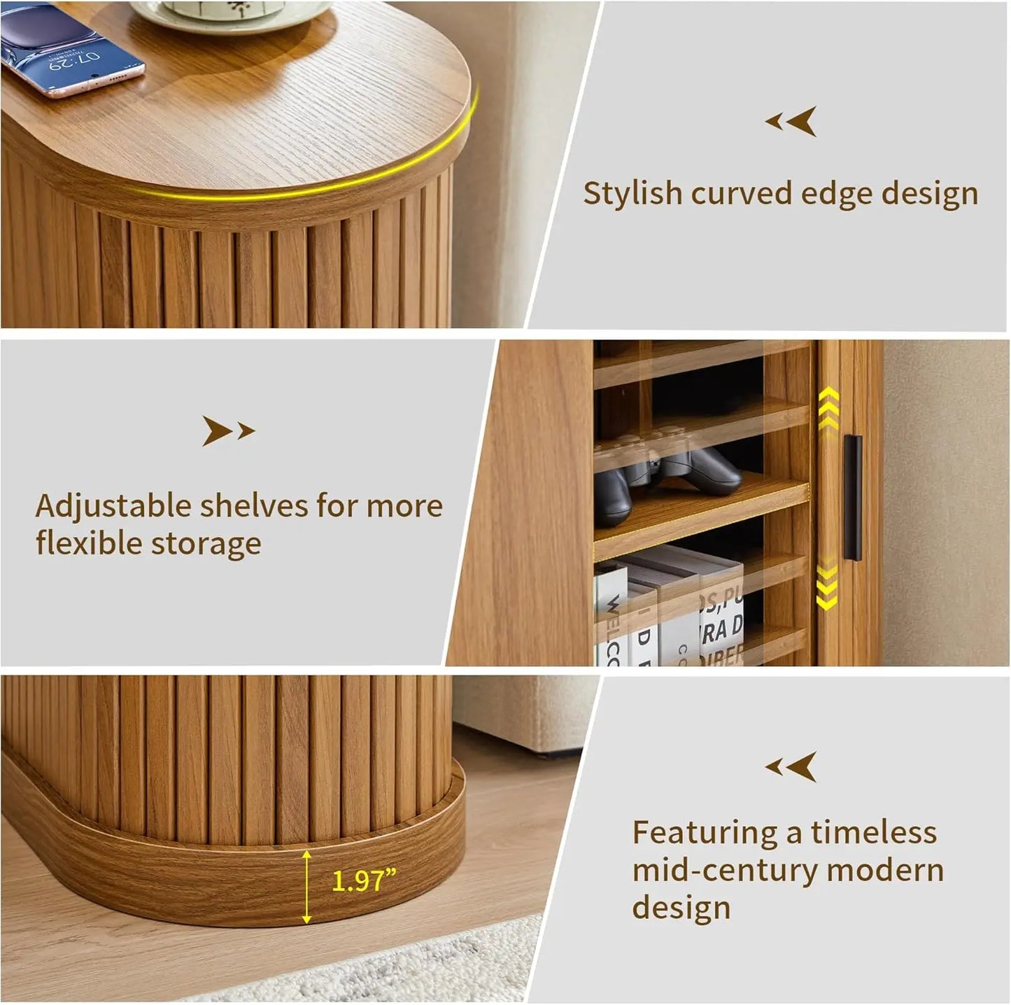 Nightstands with Charging Station, Narrow Side Table with Storage Doors and Shelves, for Small Spaces, Walnut