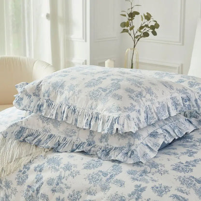 Vintage French Country Toile Duvet Cover Set for Bedroom, 100 Cotton Delicate Ruffle
