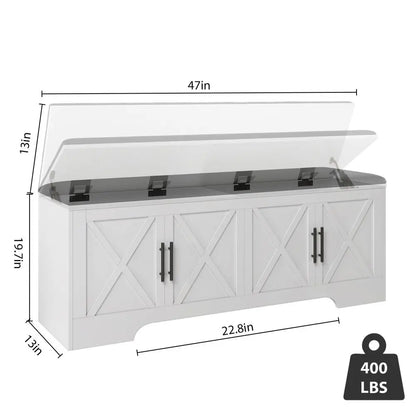 Farmhouse Storage Bench with Lift Top Storage, 47.2 Entryway Bench with Cushioned Seat, End of Bed Bench, Wooden Storage Chest