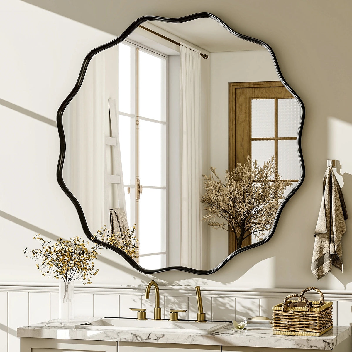 Decorative Wavy Round Bathroom Mirror with Deep Frame