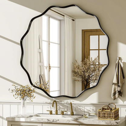 Decorative Wavy Round Bathroom Mirror with Deep Frame
