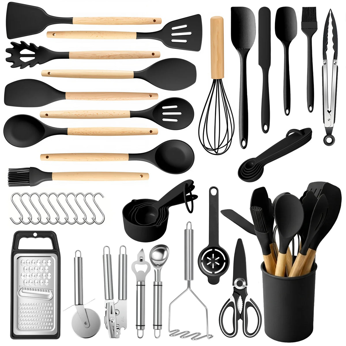 Silicone Wooden Handle 44-Piece Non-Stick  Kitchen Utensil Set, Food-Grade Heat-Resistant Cookware Set for Kitchen & Baking