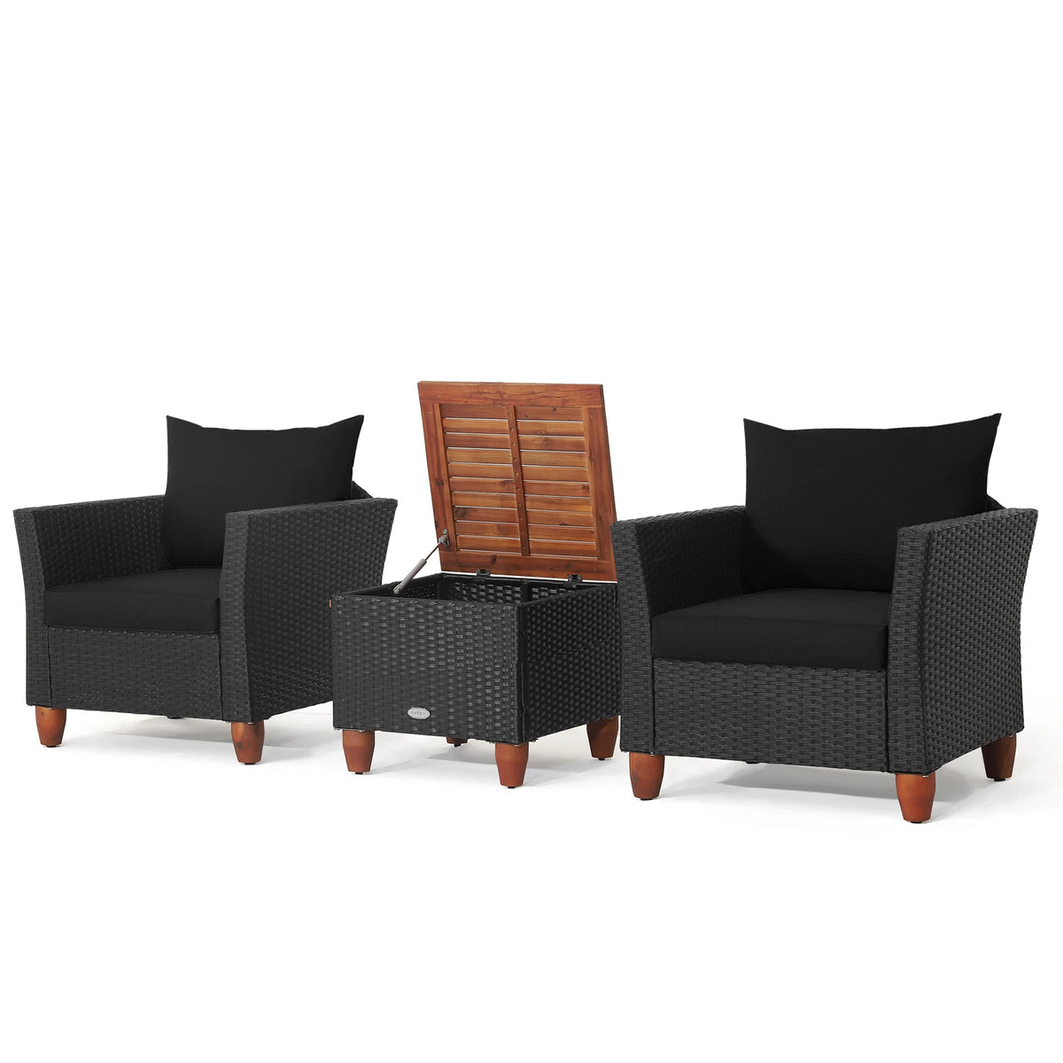 3PCS Patio Rattan Furniture Set, Cushioned Sofa, Storage Table with Wood Top, Black
