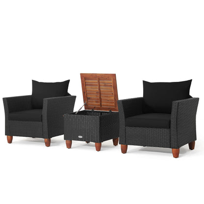 3PCS Patio Rattan Furniture Set, Cushioned Sofa, Storage Table with Wood Top, Black