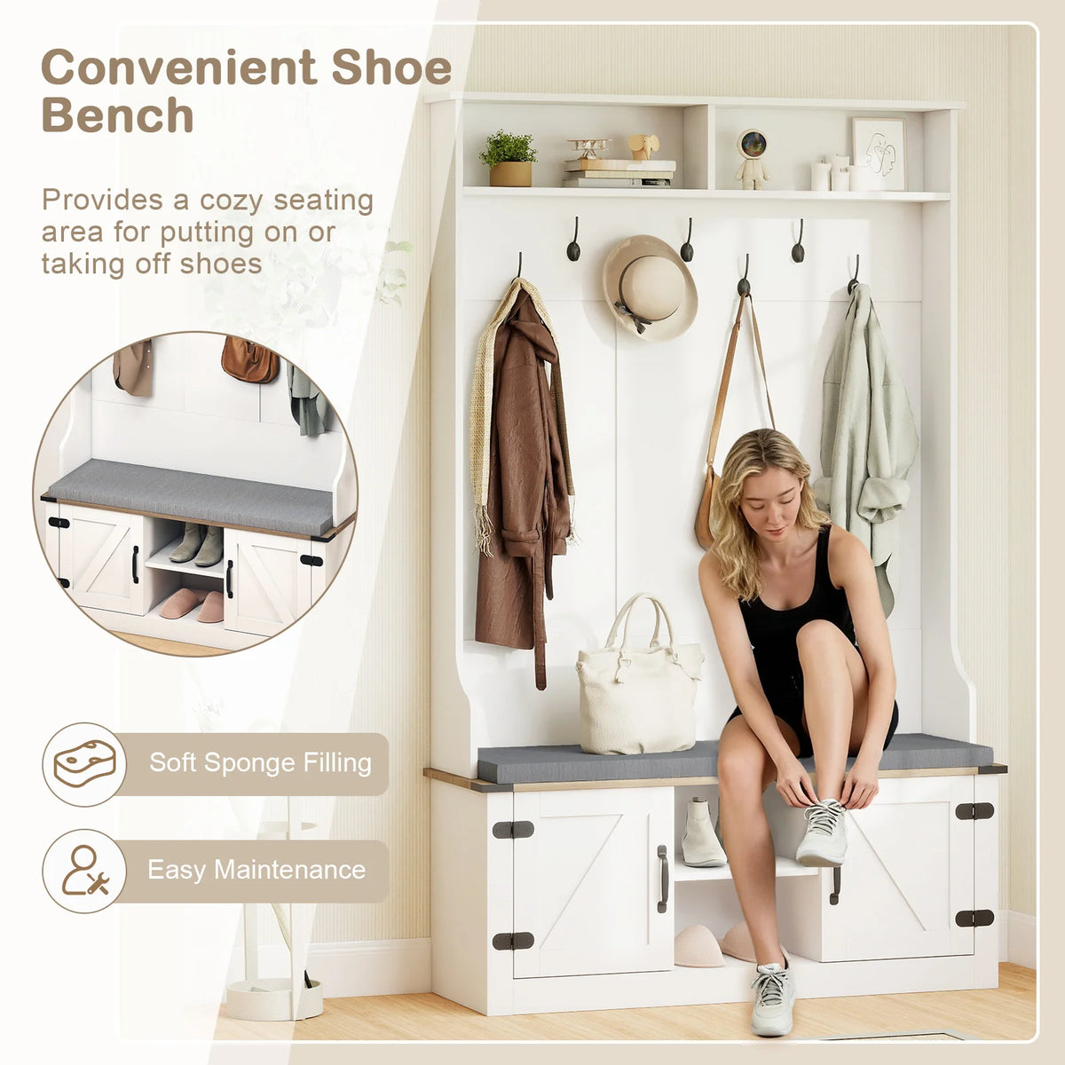 68. 5” 4-in-1 Hall Tree w/ Cushioned Bench Shoe Storage, 7 Hooks and 2 Cabinets, White