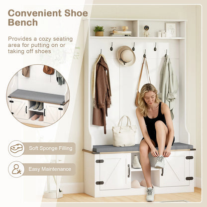 68. 5” 4-in-1 Hall Tree w/ Cushioned Bench Shoe Storage, 7 Hooks and 2 Cabinets, White