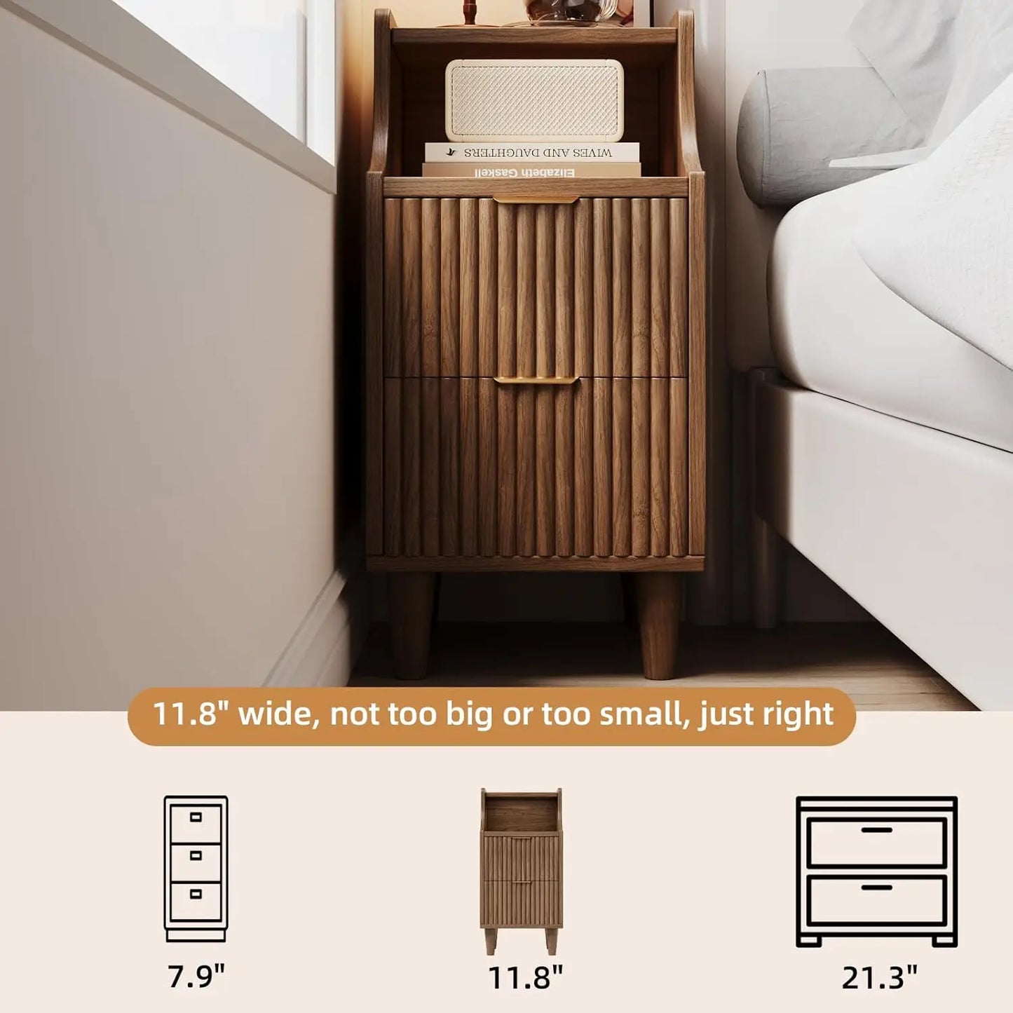 Narrow Nightstand Set of 2,11.8" Fluted with Slim Side 2 Drawers