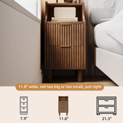 Narrow Nightstand Set of 2,11.8" Fluted with Slim Side 2 Drawers