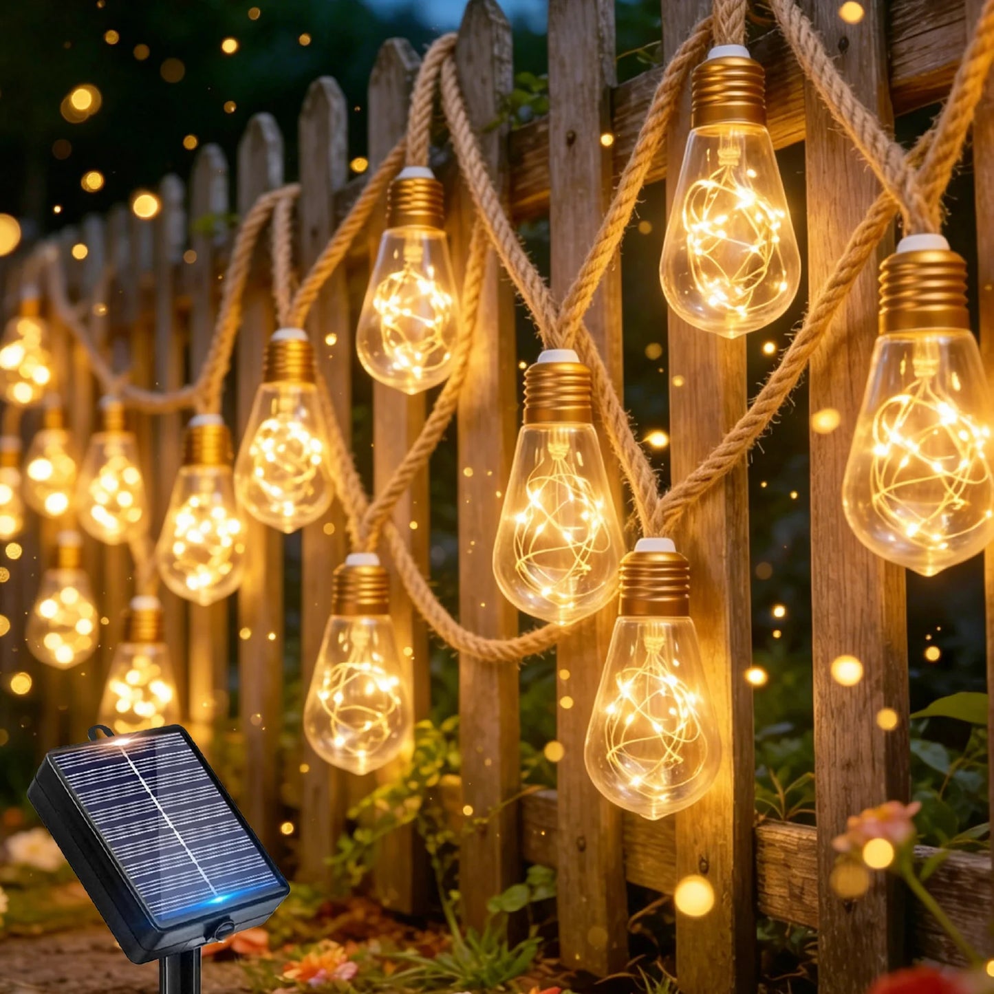 1pack solar retro hemp rope string light, 38.1/18.1FT outdoor string light, 10 modes, automatic switch