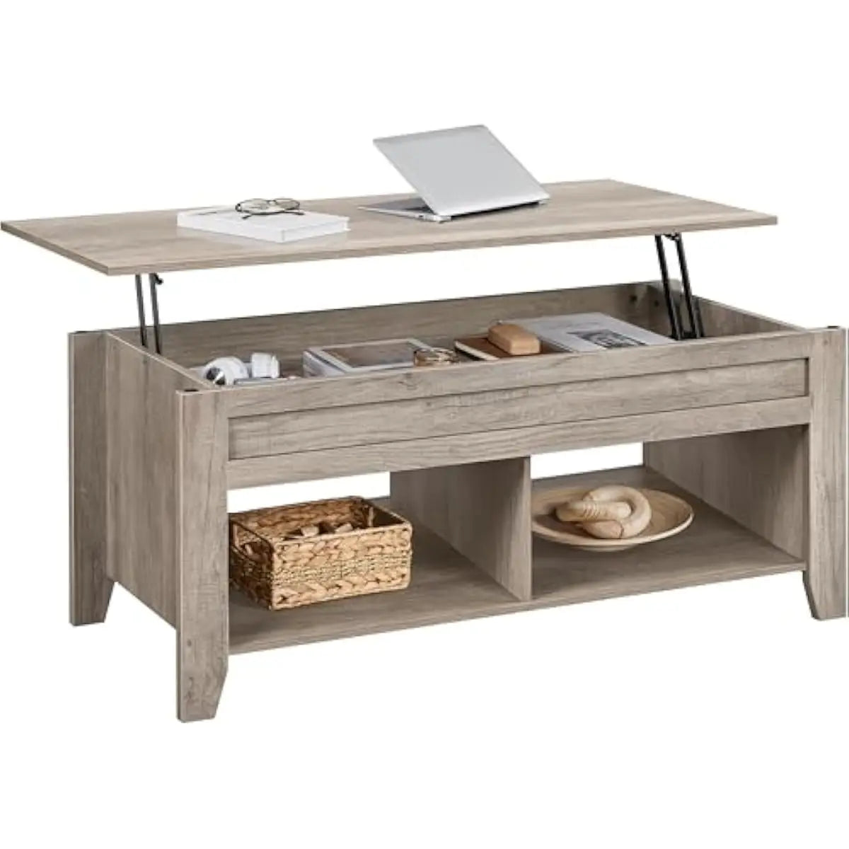 Lift-Top Coffee Table with Quiet Hydraulic Mechanism, Gray Finish 47.5 Inch Surface, Adjustable Height Work-Space