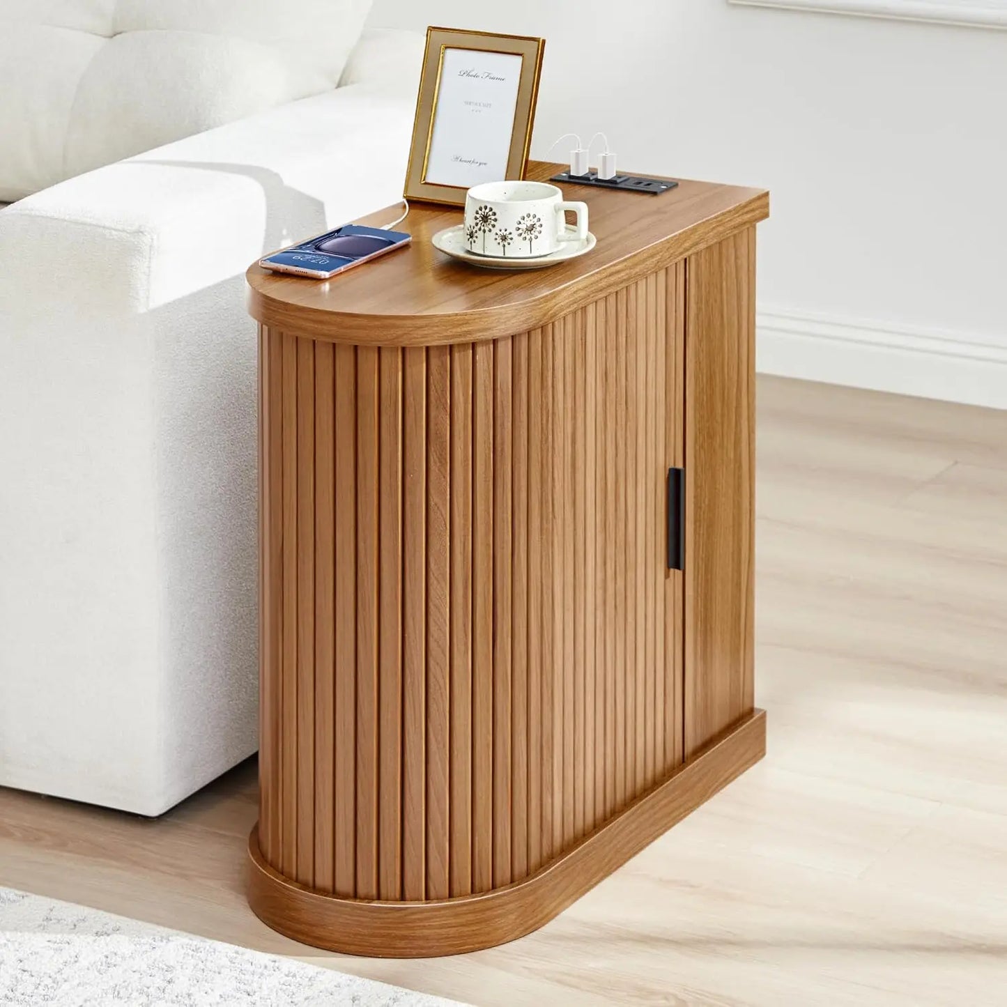 Nightstands with Charging Station, Narrow Side Table with Storage Doors and Shelves, for Small Spaces, Walnut