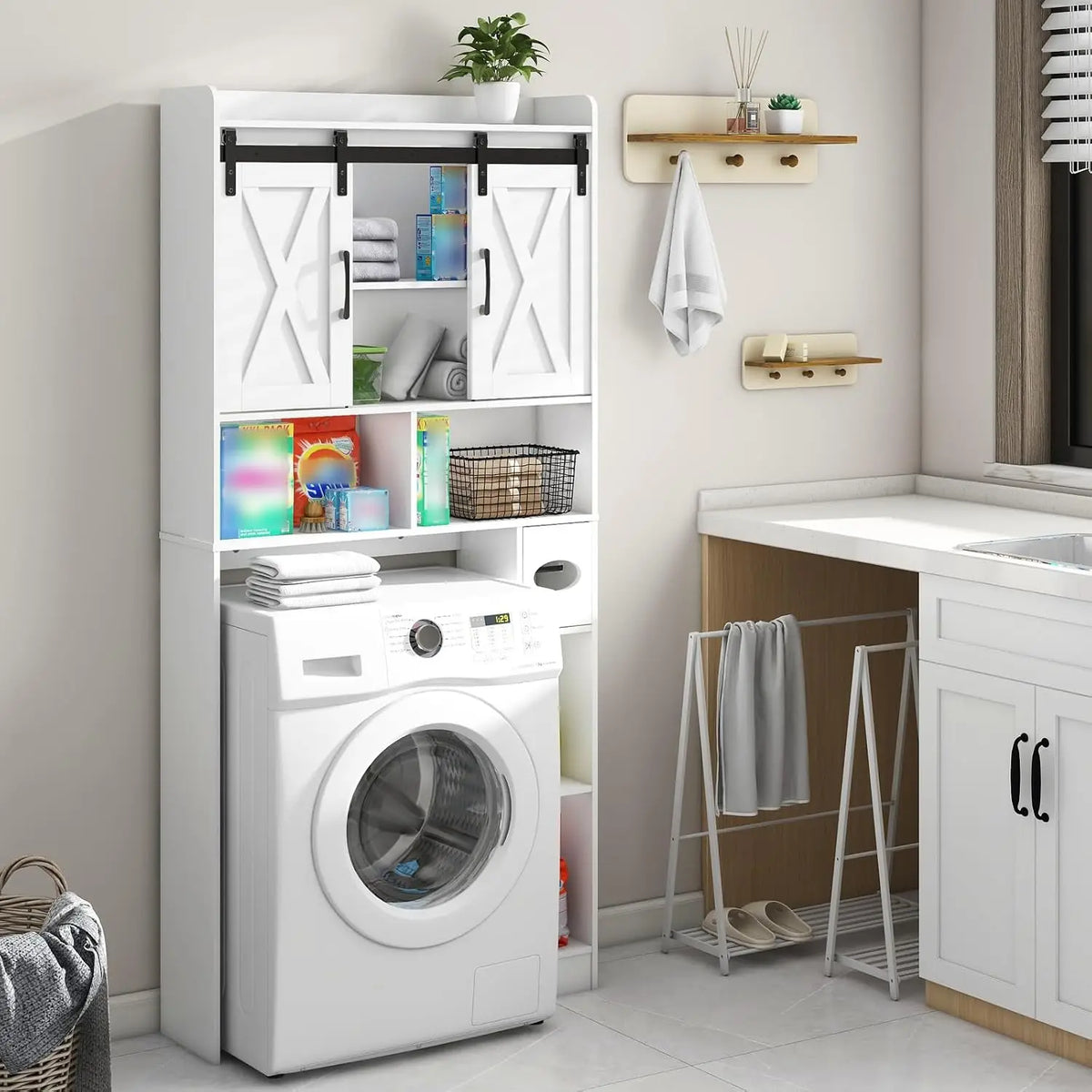 Over The Toilet Storage Cabinet with Sliding Doors, White | Farmhouse Storage Cabinet Over Toilet, Home Space-Saving Toilet Rack, Toilet Paper Holder Stand