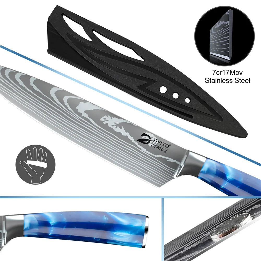 8PCS Damascus Stainless Steel Kitchen Knife Set, Super Sharp Japanese Style Chef Santoku Cleaver, Slicing Boning Utility Paring Knives Complete Cooking Cutlery Kit with Portable Protective Nylon Carry Bag for Home Kitchen Che