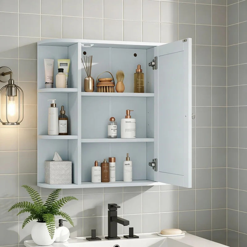 White Bathroom Wall Cabinet with Mirror, Adjustable Shelf, 6 Open Shelves, with Doors