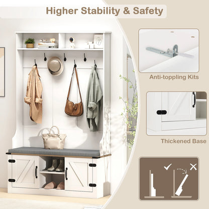 68. 5” 4-in-1 Hall Tree w/ Cushioned Bench Shoe Storage, 7 Hooks and 2 Cabinets, White