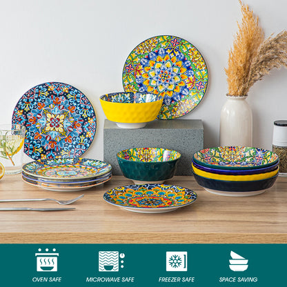 24 PCS Ceramic Dinnerware Set, Porcelain Bohemian Style with Dinner/Dessert Plate/Cereal/Pasta Bowl For 6
