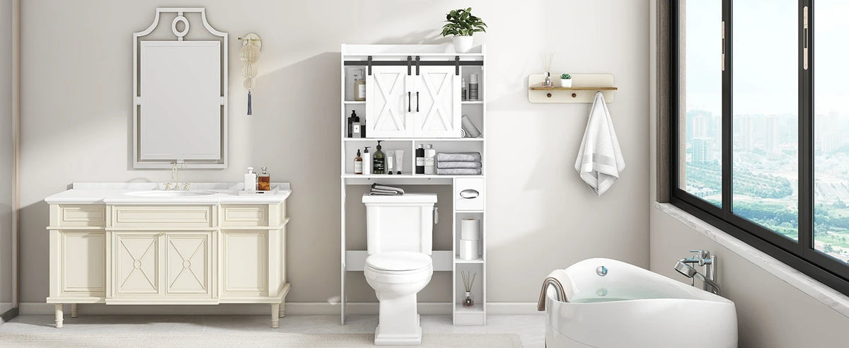 Over The Toilet Storage Cabinet with Sliding Doors, White | Farmhouse Storage Cabinet Over Toilet, Home Space-Saving Toilet Rack, Toilet Paper Holder Stand