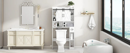 Over The Toilet Storage Cabinet with Sliding Doors, White | Farmhouse Storage Cabinet Over Toilet, Home Space-Saving Toilet Rack, Toilet Paper Holder Stand