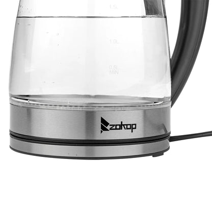 110V 1200W 1.8L Electric Glass Kettle, US Plug, Borosilicate Glass, Blue LED Auto Shut Off 360 Rotation Base