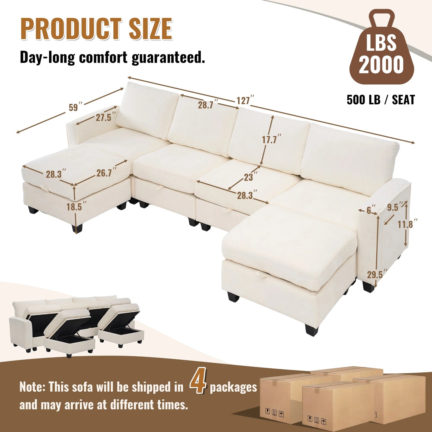 Modular Sectional Sofa Set with 2 Ottomans, U Shaped Convertible Couch with Storage