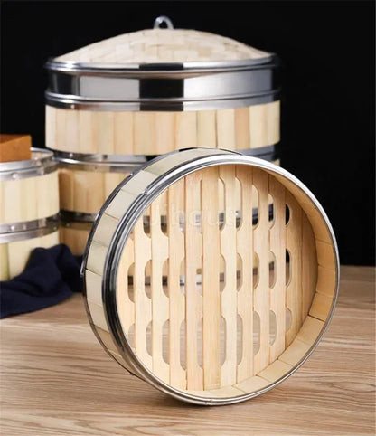 Bamboo Food Steamer basket with Stainless Steel Banding