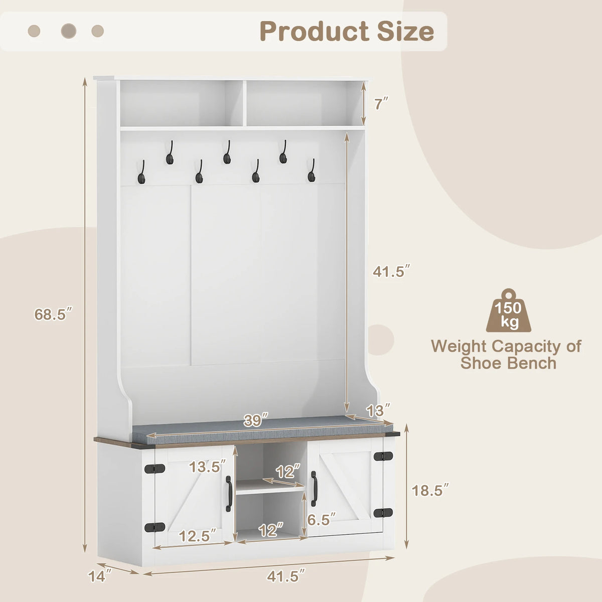 68. 5” 4-in-1 Hall Tree w/ Cushioned Bench Shoe Storage, 7 Hooks and 2 Cabinets, White