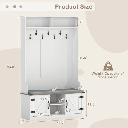 68. 5” 4-in-1 Hall Tree w/ Cushioned Bench Shoe Storage, 7 Hooks and 2 Cabinets, White