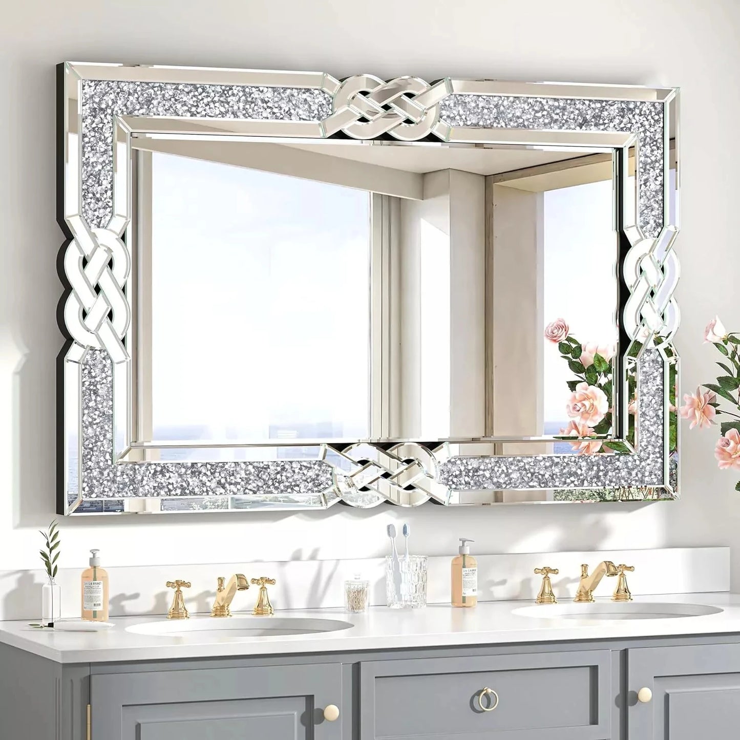 Crushed Diamond Wall Mirror, Rectangular Glass, Silver with Decorative Crystal Frame Edge