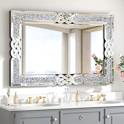 Crushed Diamond Wall Mirror, Rectangular Glass, Silver with Decorative Crystal Frame Edge