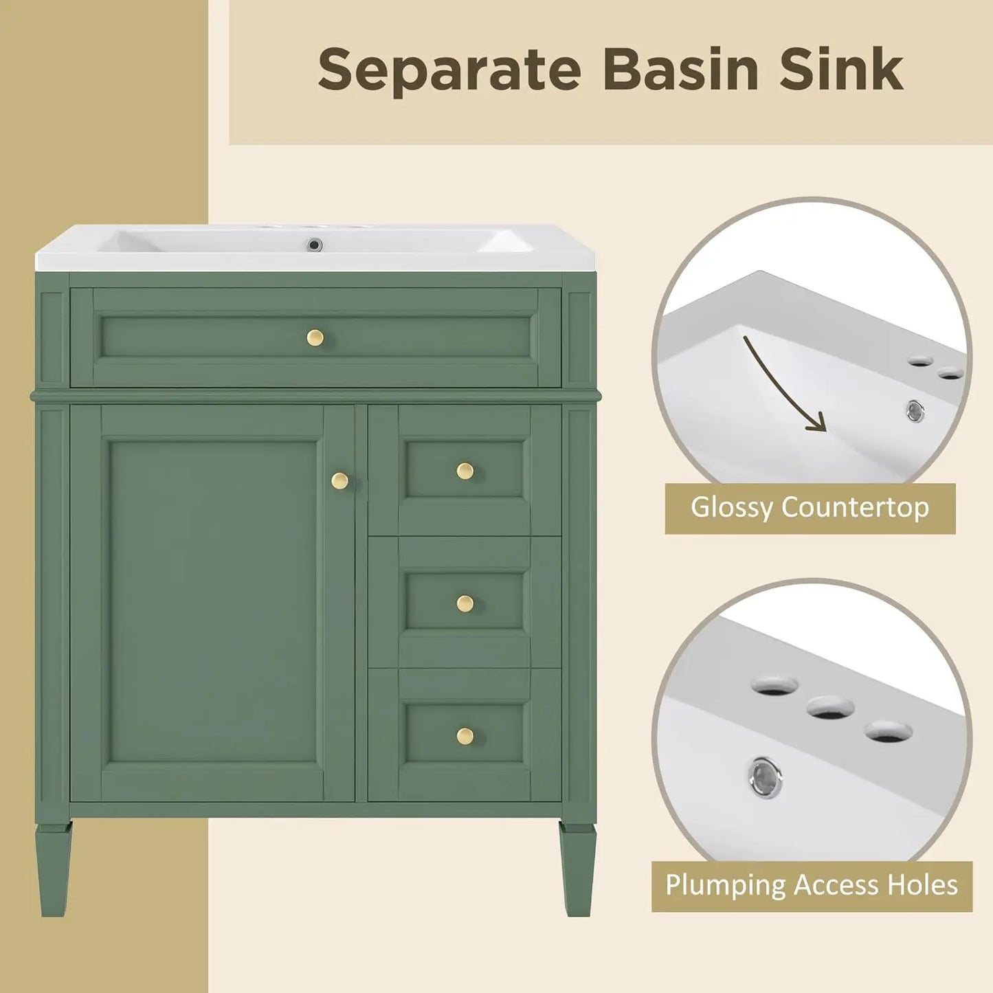 30" Bathroom Vanity with Sink, Modern Single Door, 2 Tip-Out Drawers