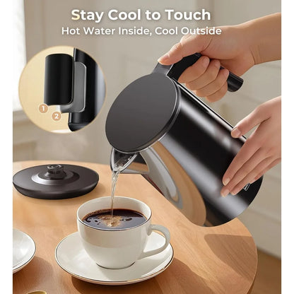 1L 1200W Stainless Steel Electric Kettle with 7 Temperature Settings, 4 Hour Keep Warm, Fast Boil, Auto Shut Off, Black