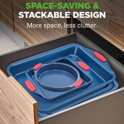 6Piece Nonstick Bakeware Set, Carbon Steel Baking Pans with Red Silicone Handles, Blue Coating