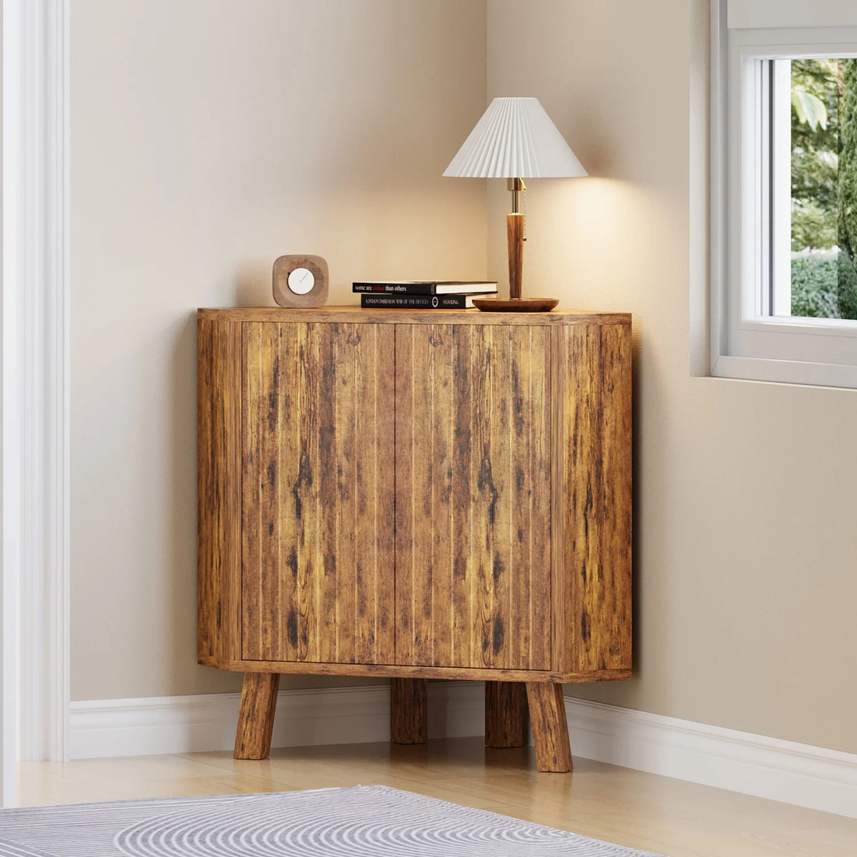 Farmhouse Corner Storage Cabinet with Adjustable Shelf, Industrial Wooden Corner Table